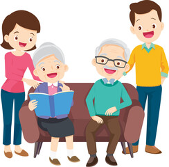 cute family sitting on sofa reading a book together