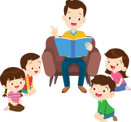 cute family sitting on sofa reading a book together