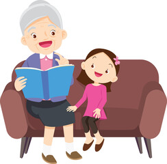 cute family sitting on sofa reading a book together