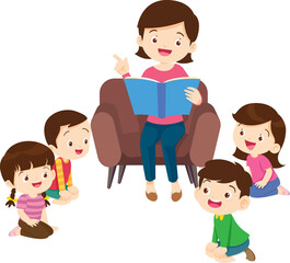cute family sitting on sofa reading a book together