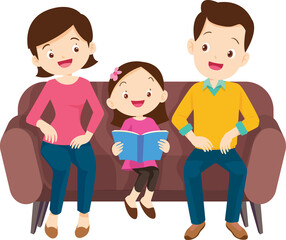 cute family sitting on sofa reading a book together