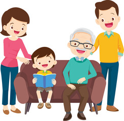 cute family sitting on sofa reading a book together