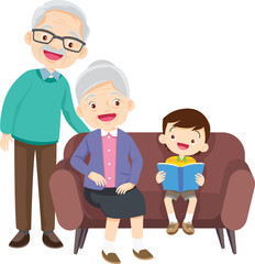 cute family sitting on sofa reading a book together