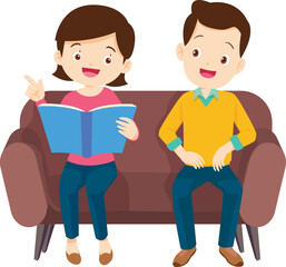 Obraz premium cute family sitting on sofa reading a book together