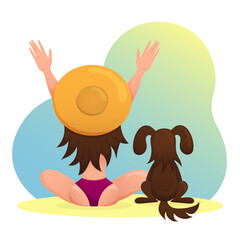 Сute girl and her dog are sitting on the beach watching the sunrise or sunset. Back view. Flat vector illustration.