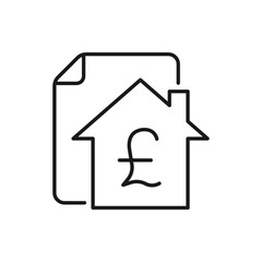 Pound sign with house and paper. Home insurance, mortgage icon line style isolated on white background. Vector illustration