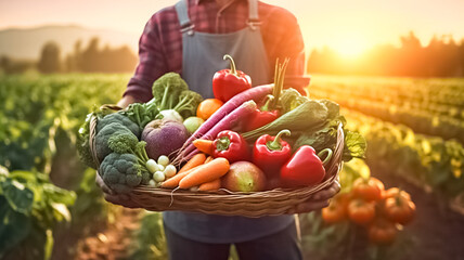 Agriculture, farm and Farmer with vegetables, natural produce and organic food in field. Sustainability, agribusiness and farmer with box for eco farming, gardening and harvesting.
