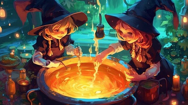Adorable little witches brewing potions in a cauldron . Fantasy concept , Illustration painting.
