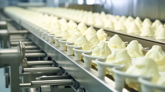 Ice-cream Dairy Factory - Conveyor Belt With Ice Cream Cones At Modern Food Processing Factory.

