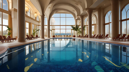 Obraz na płótnie Canvas A large swimming pool in a luxury hotel complex. Generative AI 