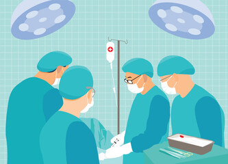 A team of surgeons and uniformed assistants perform the injections. in modern surgical hospitals, emergency rooms and modern medicine Illustration of a character wearing a mask.