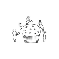 Hand drawn Kids drawing style funny red ants working together with muffin in a cartoon style