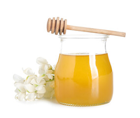 Jar of honey with flowers of acacia on white background