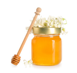 Jar of honey with flowers of acacia on white background
