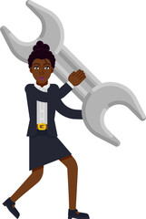 A confident black business woman with a giant spanner conceptual illustration