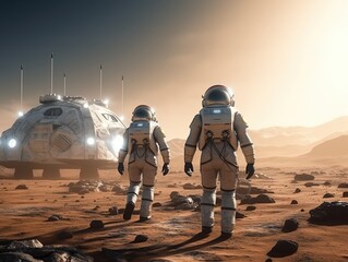 Two Astronauts in SpaceSuits exploring unknown planet created with Generative AI technology.