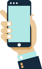 A hand holding a mobile phone showing its screen cartoon icon