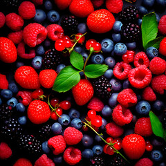 Fototapeta na wymiar Top view of variety of red berries. AI Generative