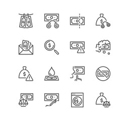 Set of financial crime related icons, money laundering payment for silence, fraud, bribe and linear variety vectors.