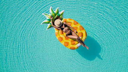 Sexy young female in swimsuit bikini, in a straw hat and sunglasses floating on blue swimming pool waves on giant inflatable Yellow Pineapple tube. Chill out summer vacation in luxury resorts concept