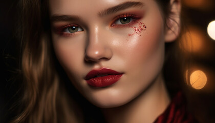 Fototapeta premium Beautiful young adult fashion model exudes sensuality in close up portrait generated by AI