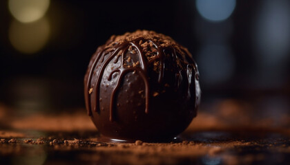 Indulgent dark chocolate ball melts on gourmet dessert bowl generated by AI
