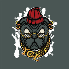 Dog pug with chain, hat and glasses. Vector illustration for your streetwear design