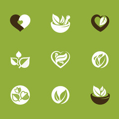 Phytotherapy metaphor, vector graphic emblems collection. Vegetarian lifestyle conceptual illustrations.
