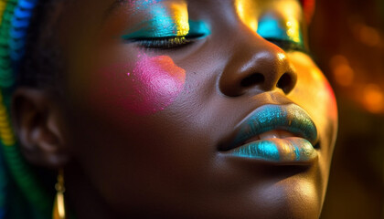 One young woman, a fashion model, with vibrant, multi colored make up generated by AI