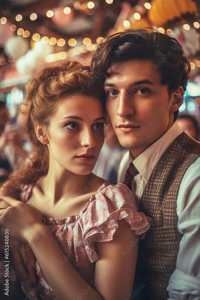 Wall mural Oktoberfest Romance: Couple in Traditional Bavarian Attire Embracing the Festival Atmosphere, Generative AI