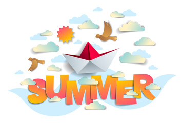 Summer papercut word with origami folded toy ship birds sun and clouds vector modern style cartoon paper cut 3d illustration. Summertime vacations and holidays theme.