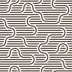 Seamless linear vector geometric minimalistic pattern, abstract lines tiling background, stripy weaving, optical maze, twisted stripes. Black and white design.