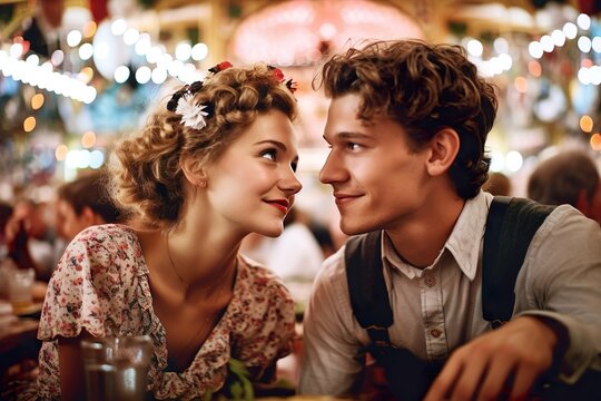 Oktoberfest Romance: Couple in Traditional Bavarian Attire Embracing the Festival Atmosphere, Generative AI