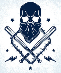 Gang brutal criminal emblem or logo with aggressive skull baseball bats and other weapons and design elements, vector anarchy crime terror retro style, ghetto revolutionary. - obrazy, fototapety, plakaty