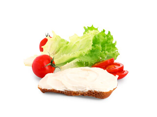 Tasty sandwich with cream cheese on white background