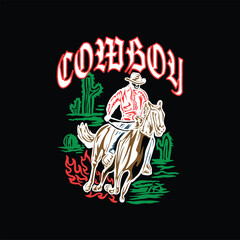 Cowboy riding a horse with a cowboy in a hat, vector illustration streetwear for tshirt hoodie