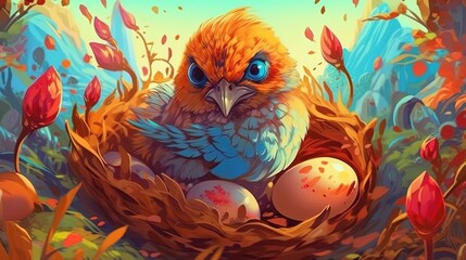 Baby phoenixes hatching from fiery eggs . Fantasy concept , Illustration painting.