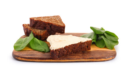 Tasty sandwich with cream cheese and fresh bread on white background