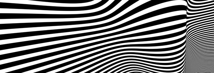 Abstract op art black and white lines in hyper 3D perspective vector abstract background, artistic illustration psychedelic linear pattern, hypnotic optical illusion. - obrazy, fototapety, plakaty