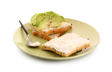 Plate of tasty toasts with cream cheese and avocado on white background