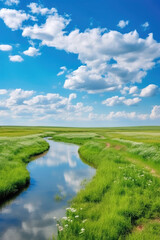 Fototapeta na wymiar Blue sky and white clouds with gentle river curved. Generative AI