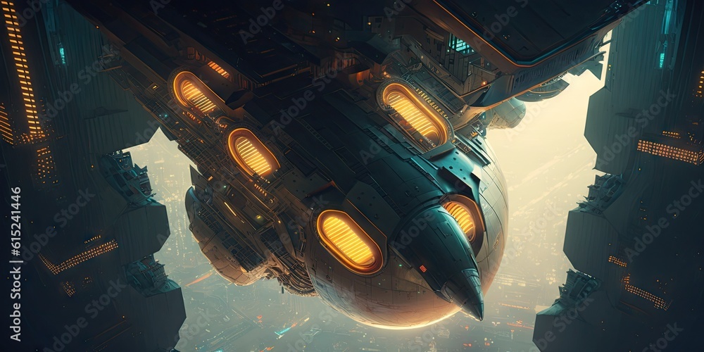 Aufkleber cyber punk spaceship seen from above. glorious generative ai.