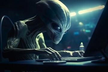 Busy alien focused by searching information in computer at the IT office, ai generated