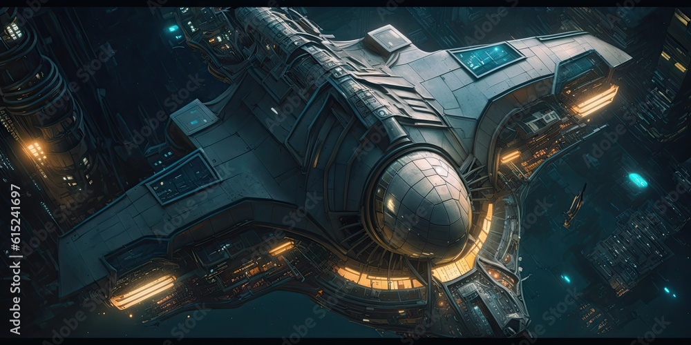 Poster cyber punk spaceship seen from above. glorious generative ai.
