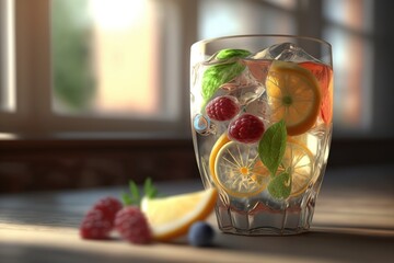 Cold summer drink with mint, strawberry and lemon. lemonade in a decanter. generative ai