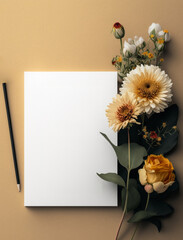 Vertical white blank of paper top view mockup with yellow blossom flowers and pen. Bloom garden floral for template of flat wedding invitation, greeting card. Generative AI
- 615241851