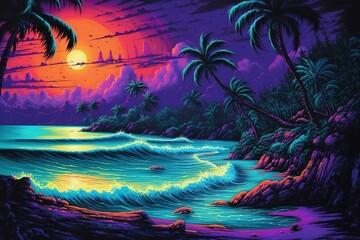 Tropical island, colorful background. Created with generative AI.