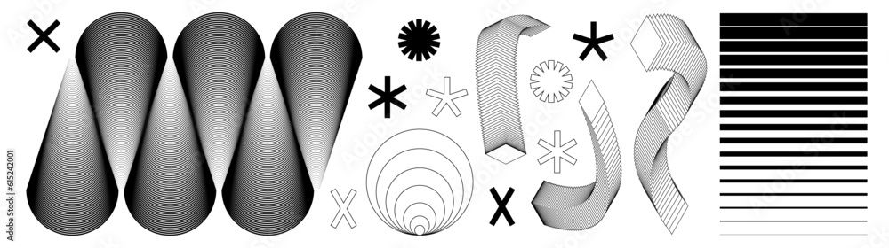 Poster Set of abstract aesthetic y2k geometric elements and 3D wireframe shapes. Black and white retro line design elements. Vector illustration for social networks or posters. EPS 10