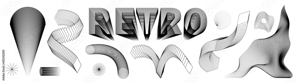 Poster Abstract aesthetic y2k geometric isolated elements and 3D wireframe shapes. Black line vector illustration on transparent background.