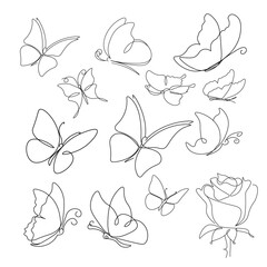 Set of airy linen butterflies, outline and graphic minimalism. © Tati